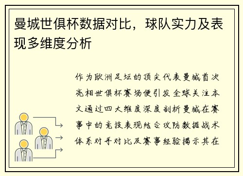 曼城世俱杯数据对比，球队实力及表现多维度分析